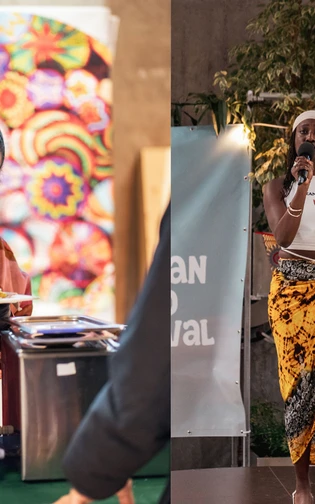 A chef serves food while a woman speaks into a microphone during the African Food Festival.