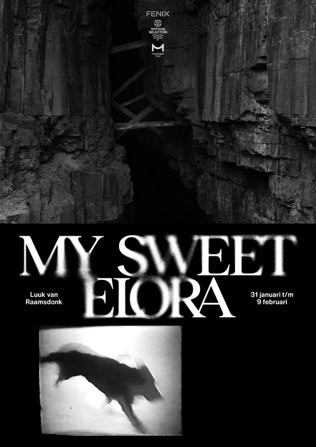 poster for my sweet elora, black & white photos with a spooky vibe