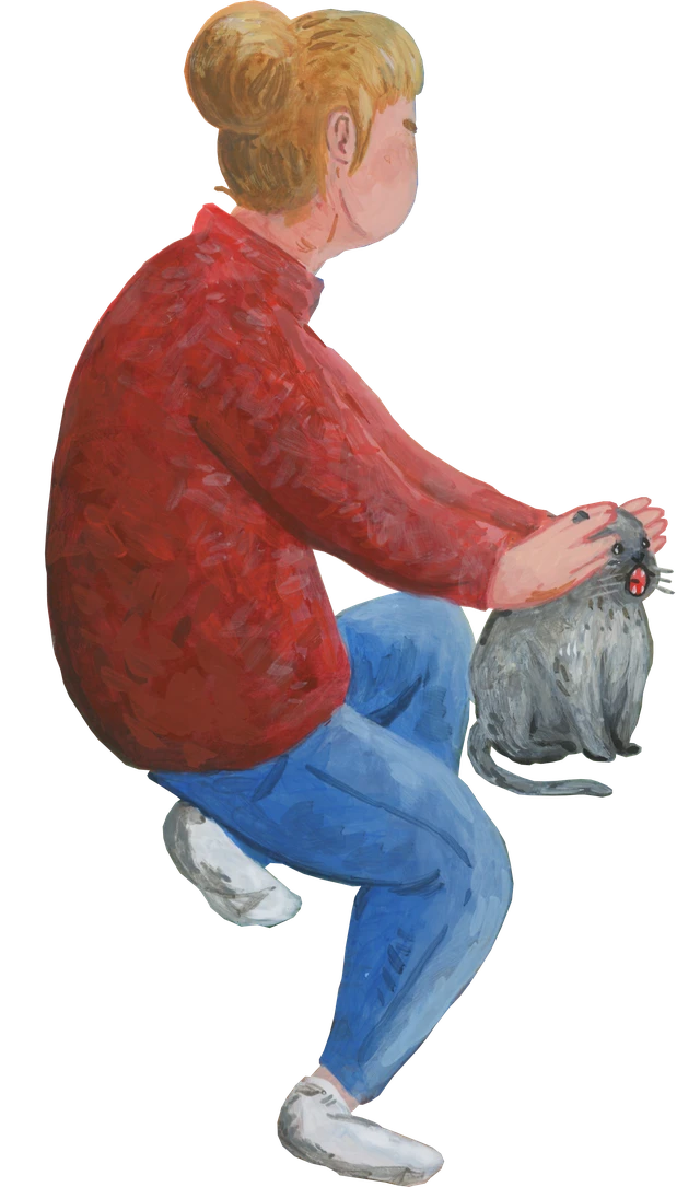 een illustratie van een vrouw die de oren van haar kat afdekt