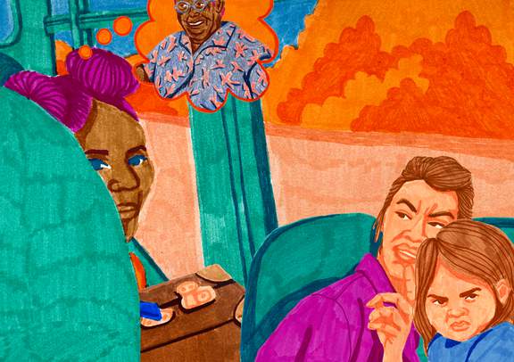Esther is in the bus, while a mother and her daughter make a discriminative comment towards Esther. Although she feels pain, the image of her grandmother gives her strength.