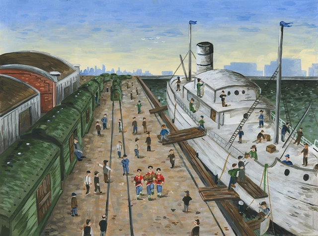 een illustratie van een ouderwetse kade, met een groot schip aan wal, en drie rood geklede figuren