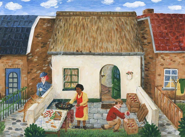 een illustratie van een achtertuin, waar een vrouw sambal aan het maken is, en een man potten inpakt