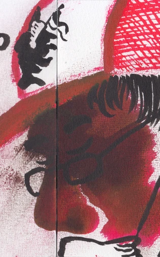 Abstract red-and-black illustration of a face with Japanese characters.